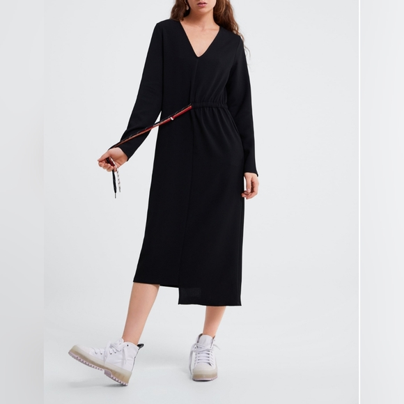 Zara Dresses & Skirts - Zara Black Midi Dress Medium Long Sleeve V-Neck Tie Belt Boho Peasant
